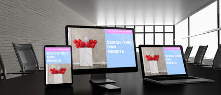 Company office with a big table and electronic devices 3d rendering mockup .3d illustrationの写真素材