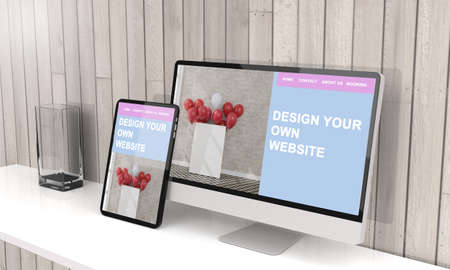Computer and tablet 3d rendering showing responsive web design .3d illustrationの写真素材