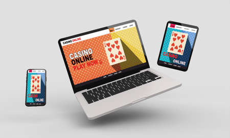 Flying tablet,phone and desktop computer 3d rendering mockup.3d illustration. Casino online conceptの写真素材