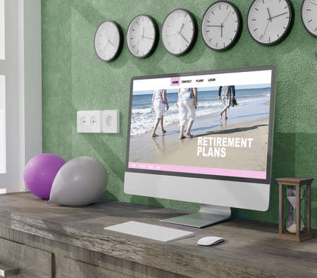 Workspace at home with a desktop computer 3d rendering mockup.3d illustration. Retirement conceptの写真素材
