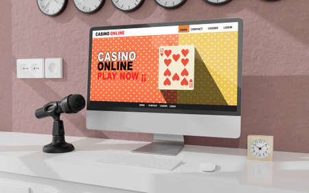 Desktop computer on the table of the office mockup 3d rendering. 3d illustration.Casino online conceptの写真素材