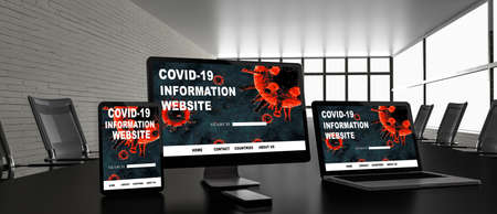 Desktop computer on the table of the office mockup 3d rendering. 3d illustration. Covid-19 information onlineの写真素材