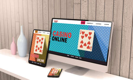 Desktop computer on the table of the office mockup 3d rendering. 3d illustration.Casino online conceptの写真素材