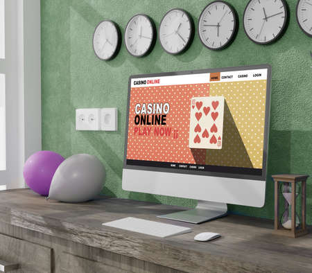 Desktop computer on the table of the office mockup 3d rendering. 3d illustration.Casino online conceptの写真素材