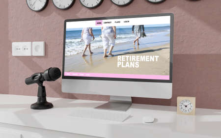 Workspace at home with a desktop computer 3d rendering mockup.3d illustration. Retirement conceptの写真素材