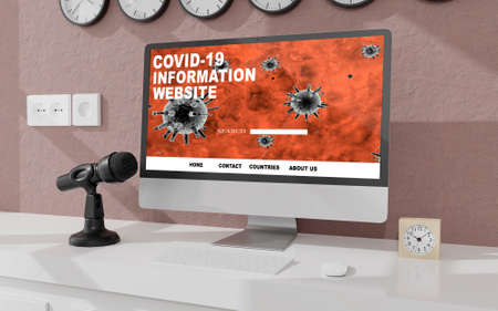 Desktop computer on the table of the office mockup 3d rendering. 3d illustration. Covid-19 information onlineの写真素材