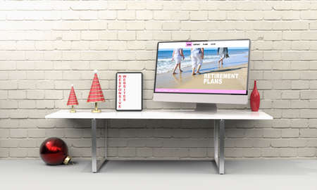 Workspace at home with a desktop computer 3d rendering mockup.3d illustration. Retirement conceptの写真素材