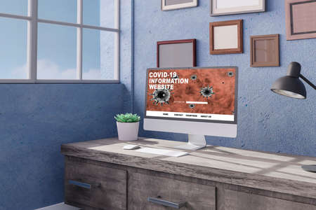 Desktop computer on the table of the office mockup 3d rendering. 3d illustration. Covid-19 information onlineの写真素材