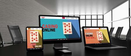 Desktop computer on the table of the office mockup 3d rendering. 3d illustration.Casino online conceptの写真素材