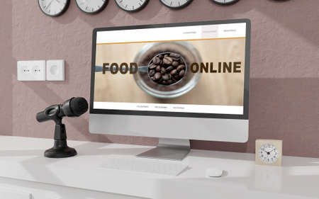 Workspace at home with a desktop computer 3d rendering mockup.Modern technology concept . 3d illustrationの写真素材