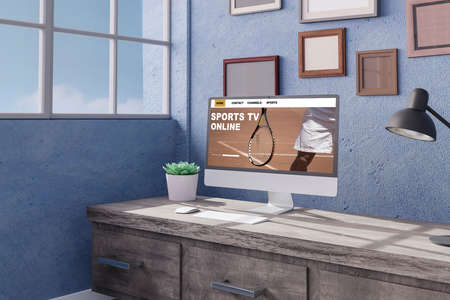 Desktop computer on the table of the office mockup 3d rendering. 3d illustration . sports online conceptの写真素材