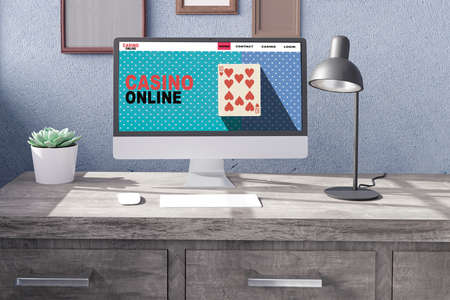 Desktop computer on the table of the office mockup 3d rendering. 3d illustration.Casino online conceptの写真素材