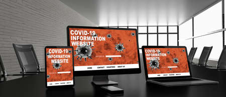 Desktop computer on the table of the office mockup 3d rendering. 3d illustration. Covid-19 information onlineの写真素材