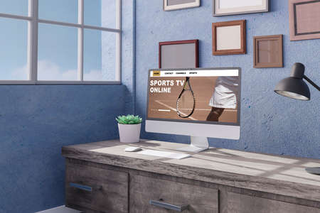 Desktop computer on the table of the office mockup 3d rendering. 3d illustration . sports online conceptの写真素材