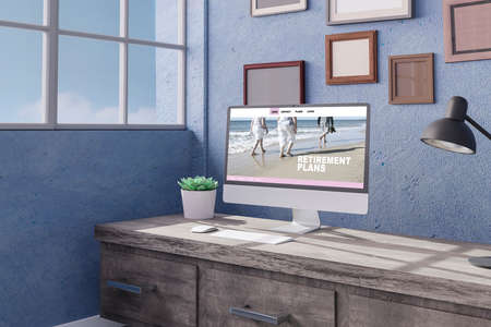 Workspace at home with a desktop computer 3d rendering mockup.3d illustration. Retirement conceptの写真素材