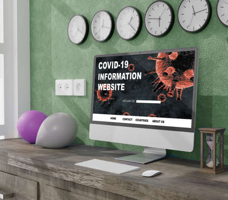 Desktop computer on the table of the office mockup 3d rendering. 3d illustration. Covid-19 information onlineの写真素材