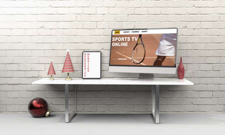 Desktop computer on the table of the office mockup 3d rendering. 3d illustration . sports online conceptの写真素材