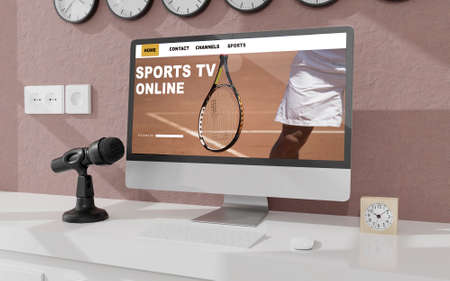 Desktop computer on the table of the office mockup 3d rendering. 3d illustration . sports online conceptの写真素材