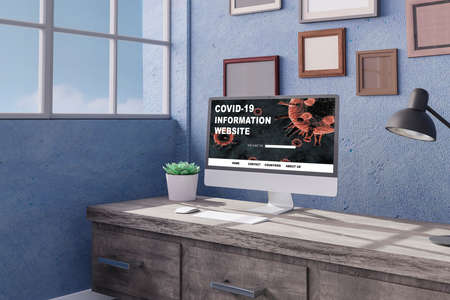 Desktop computer on the table of the office mockup 3d rendering. 3d illustration. Covid-19 information onlineの写真素材