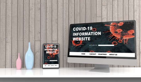 Desktop computer on the table of the office mockup 3d rendering. 3d illustration. Covid-19...