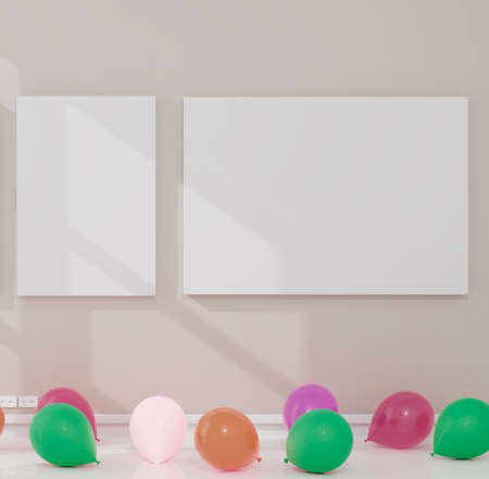 Canvas with some balloons in a daylight room. 3D rendering mockup. 3d illustration.Party conceptの写真素材