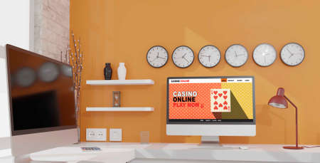 Desktop computer on the table of the office mockup 3d rendering. 3d illustration.Casino online conceptの写真素材