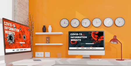 Desktop computer on the table of the office mockup 3d rendering. 3d illustration. Covid-19 information onlineの写真素材