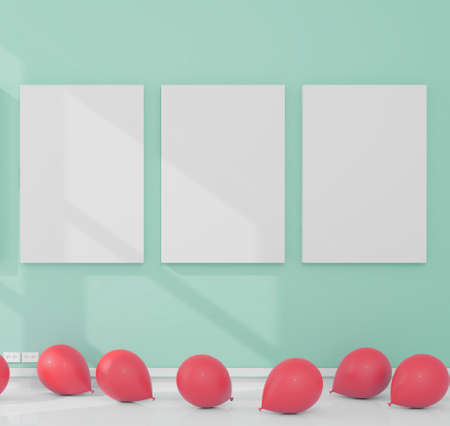Canvas with some balloons in a daylight room. 3D rendering mockup. 3d illustration.Party conceptの写真素材