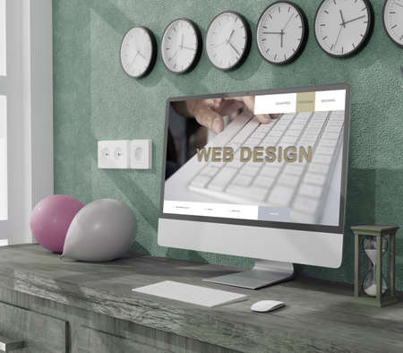 Workspace at home with a desktop computer 3d rendering mockup.Modern Web responsive concept . 3d illustrationの写真素材