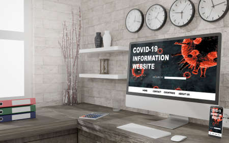 Desktop computer on the table of the office mockup 3d rendering. 3d illustration. Covid-19 information onlineの写真素材