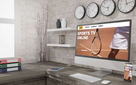 Desktop computer on the table of the office mockup 3d rendering. 3d illustration . sports online conceptの写真素材