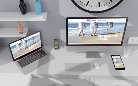 Workspace at home with a desktop computer 3d rendering mockup.3d illustration. Retirement conceptの写真素材