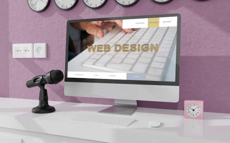 Workspace at home with a desktop computer 3d rendering mockup.Modern Web responsive concept . 3d illustrationの写真素材