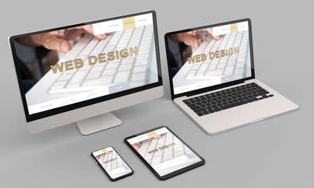 Workspace at home with electronic devices 3d rendering mockup.Modern Web responsive concept . 3d illustrationの写真素材