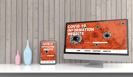 Desktop computer on the table of the office mockup 3d rendering. 3d illustration. Covid-19 information onlineの写真素材