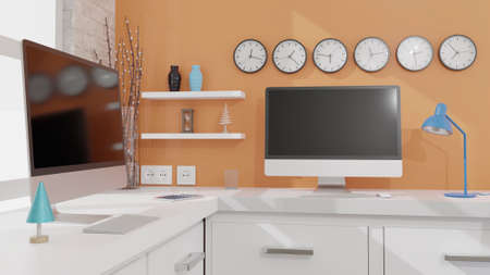 Desktop computer with black screen on the table of the office mockup 3d rendering. 3d illustrationの写真素材