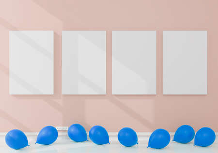 Canvas with some balloons in a daylight room. 3D rendering mockup. 3d illustration.Party conceptの写真素材