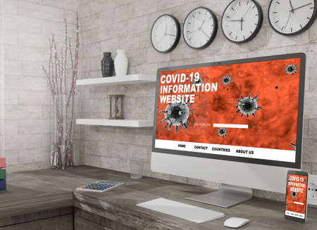 Desktop computer on the table of the office mockup 3d rendering. 3d illustration. Covid-19 information onlineの写真素材