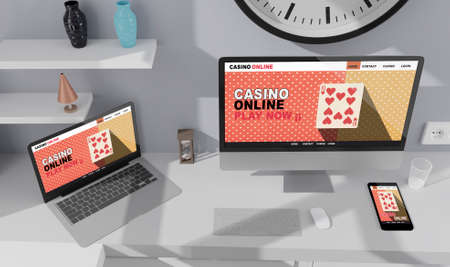 Desktop computer on the table of the office mockup 3d rendering. 3d illustration.Casino online conceptの写真素材