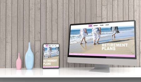 Workspace at home with a desktop computer 3d rendering mockup.3d illustration. Retirement conceptの写真素材