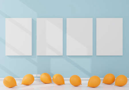 Canvas with some balloons in a daylight room. 3D rendering mockup. 3d illustration.Party conceptの写真素材