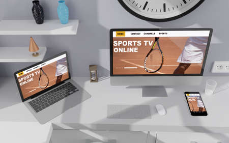 Desktop computer on the table of the office mockup 3d rendering. 3d illustration . sports online conceptの写真素材