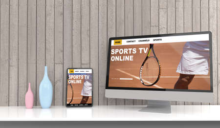 Desktop computer on the table of the office mockup 3d rendering. 3d illustration . sports online conceptの写真素材