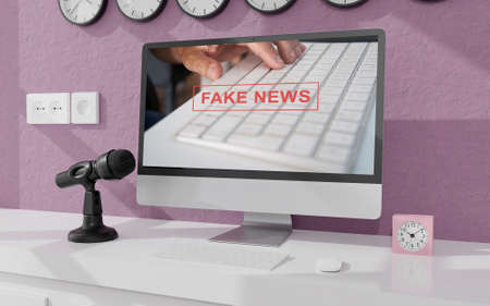 Workspace at home with a desktop computer 3d rendering Fake news mockup.Modern Web responsive concept . 3d illustrationの写真素材