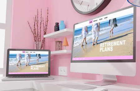 Workspace at home with a desktop computer 3d rendering mockup.3d illustration. Retirement conceptの写真素材
