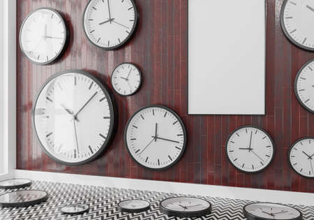 Group of wall clocks in a wooden wall .3d renderingの写真素材