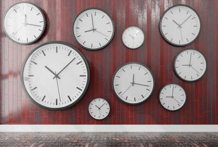 Group of wall clocks in a wooden wall .3d renderingの写真素材