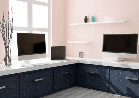 Workspace at home with a desktop computer 3d rendering mockup.Modern technology concept . 3d illustrationの写真素材