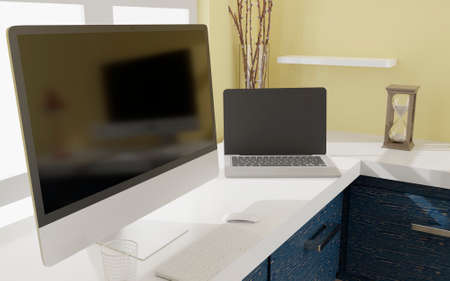 Workspace at home with a desktop computer 3d rendering mockup.Modern technology concept . 3d illustrationの写真素材