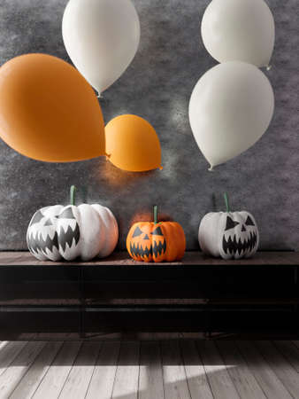 3D illustration of living room Halloween decoration. Pumpkins and balloons. 3D renderingの写真素材